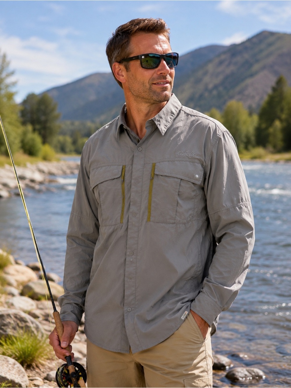 Cabela’s Men’s L Gray Performance Fishing Shirt Vented Button Down Long Sleeve U